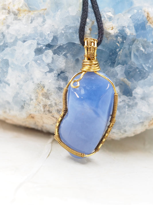 Blue Chalcedony Freeform Pendant Hand Wrapped with Brass