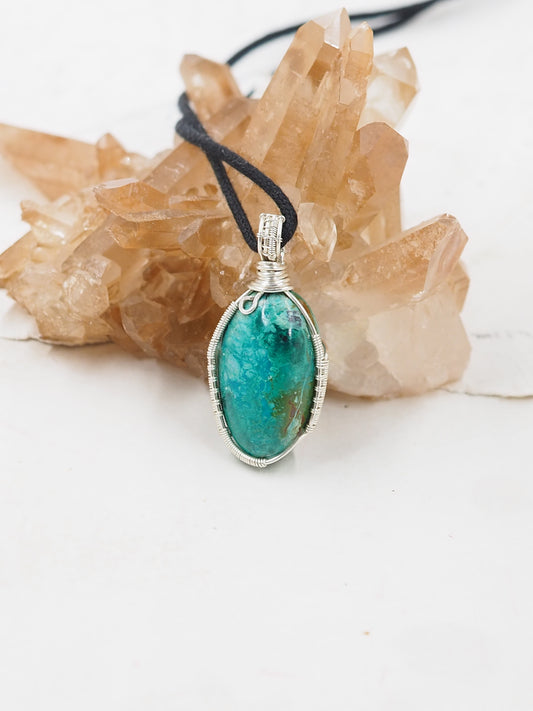 Chrysocolla and Sterling Silver Hand Wrapped Pendant