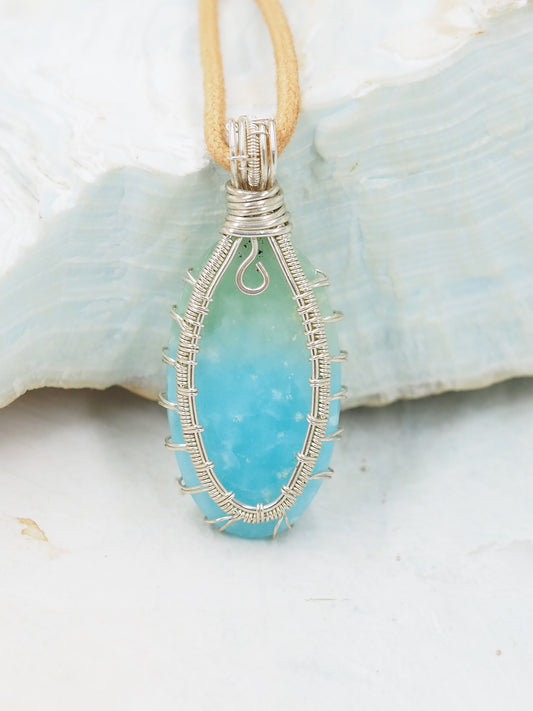 Blue-Green Hemimorphite & Sterling Silver Hand Wrapped Cabochon Pendant