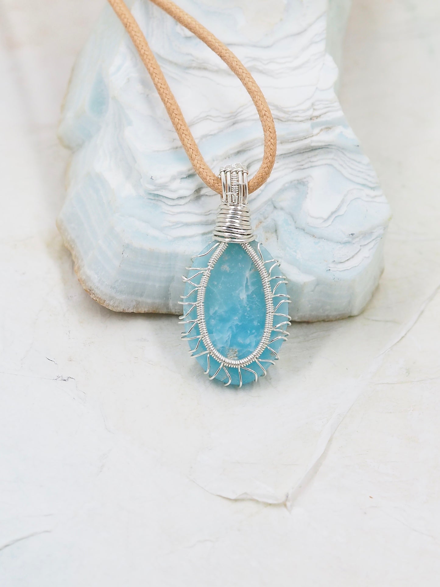 Blue Hemimorphite & Sterling Silver Hand Wrapped Pendant