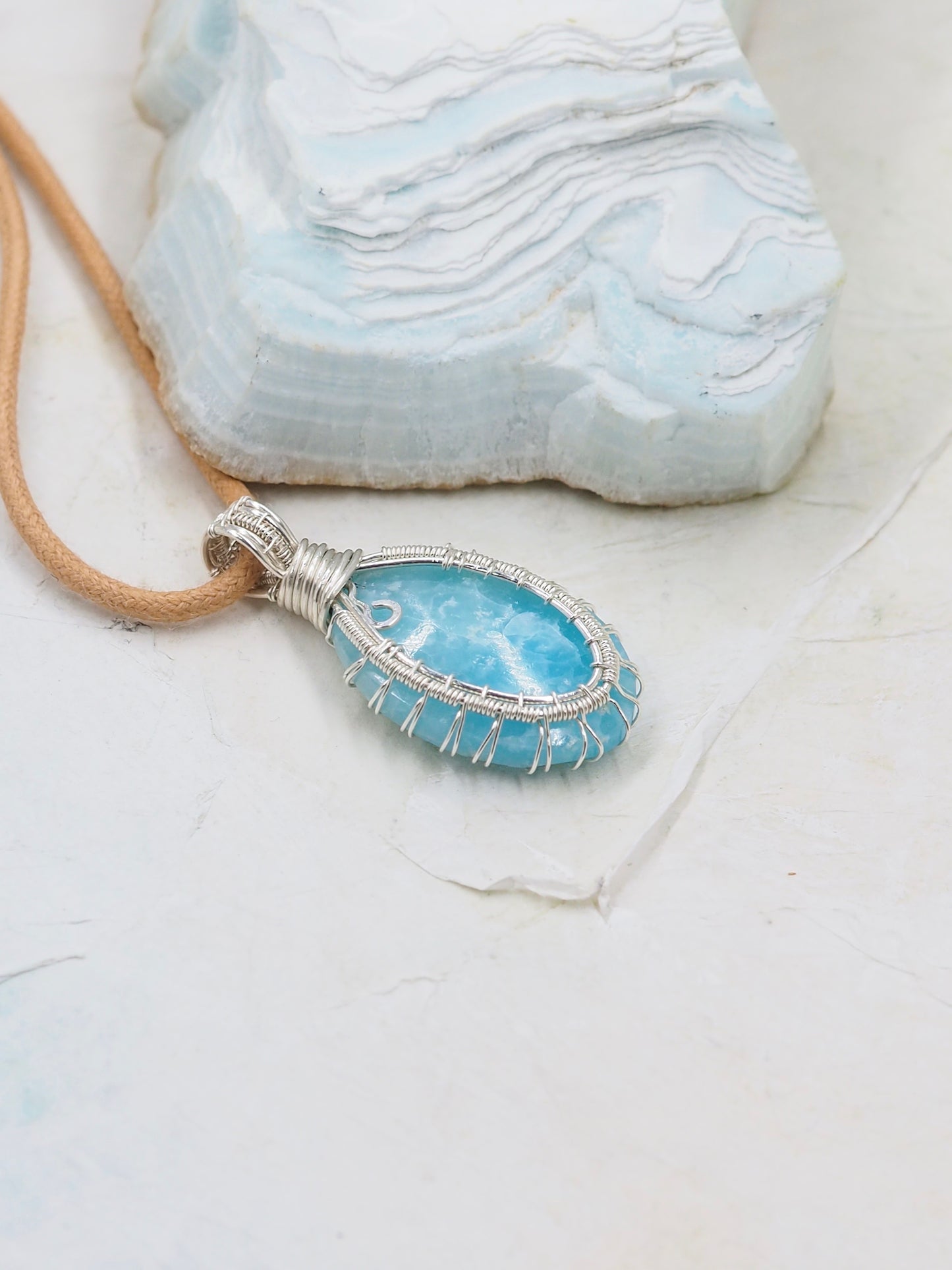 Blue Hemimorphite & Sterling Silver Hand Wrapped Pendant