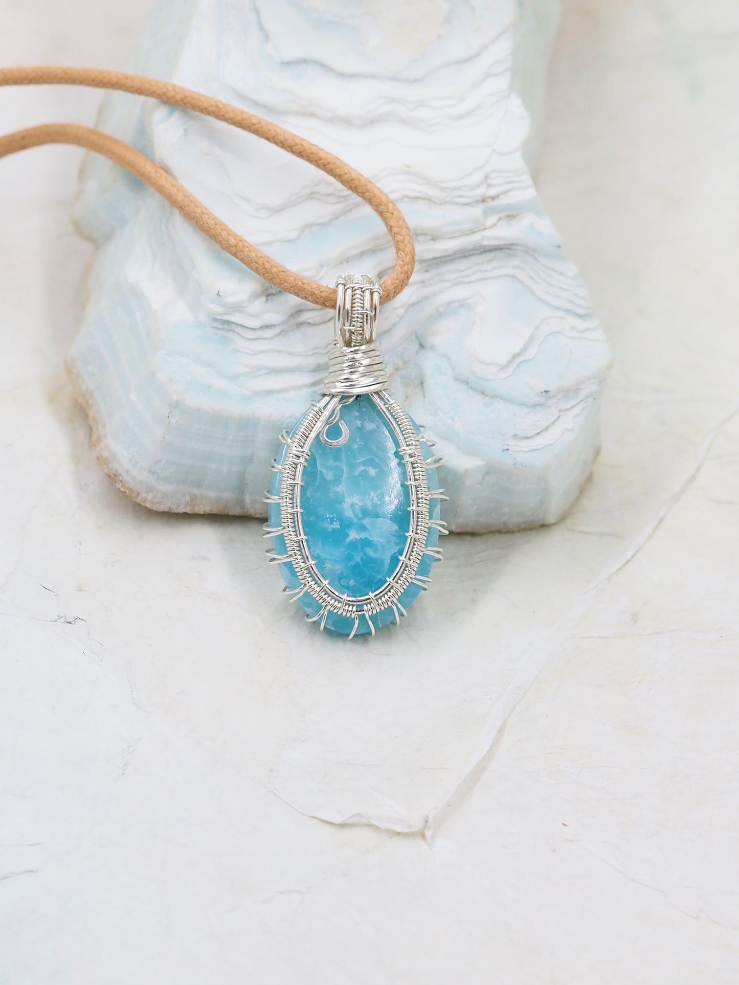 Blue Hemimorphite & Sterling Silver Hand Wrapped Pendant