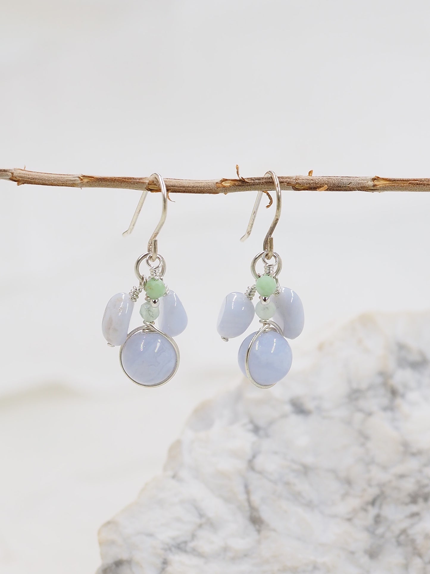 Blue Lace Agate & Chrysoprase Sterling Silver Cluster Earrings