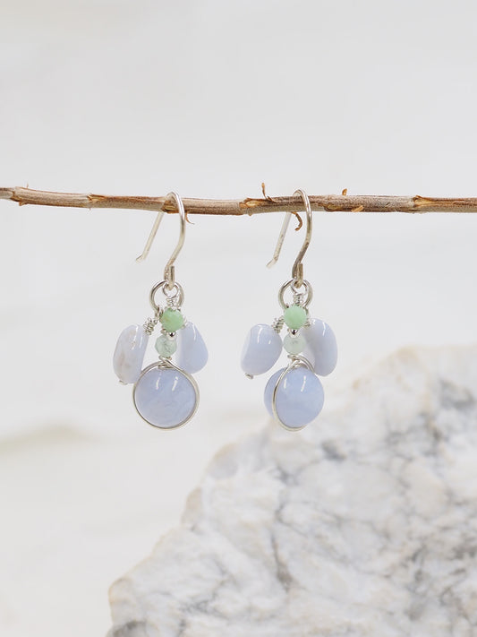 Blue Lace Agate & Chrysoprase Sterling Silver Cluster Earrings