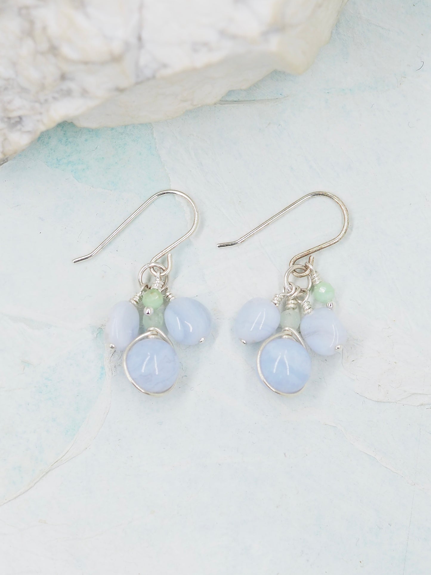 Blue Lace Agate & Chrysoprase Sterling Silver Cluster Earrings