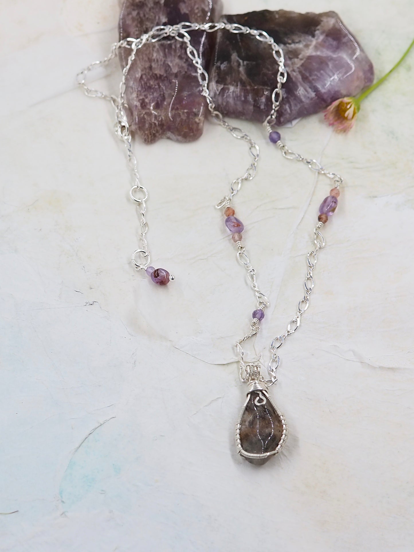 One-of-a-kind Cacoxenite Pendant on Sterling Silver Diamond cut Curb Chain with Amethyst & Strawberry Quartz