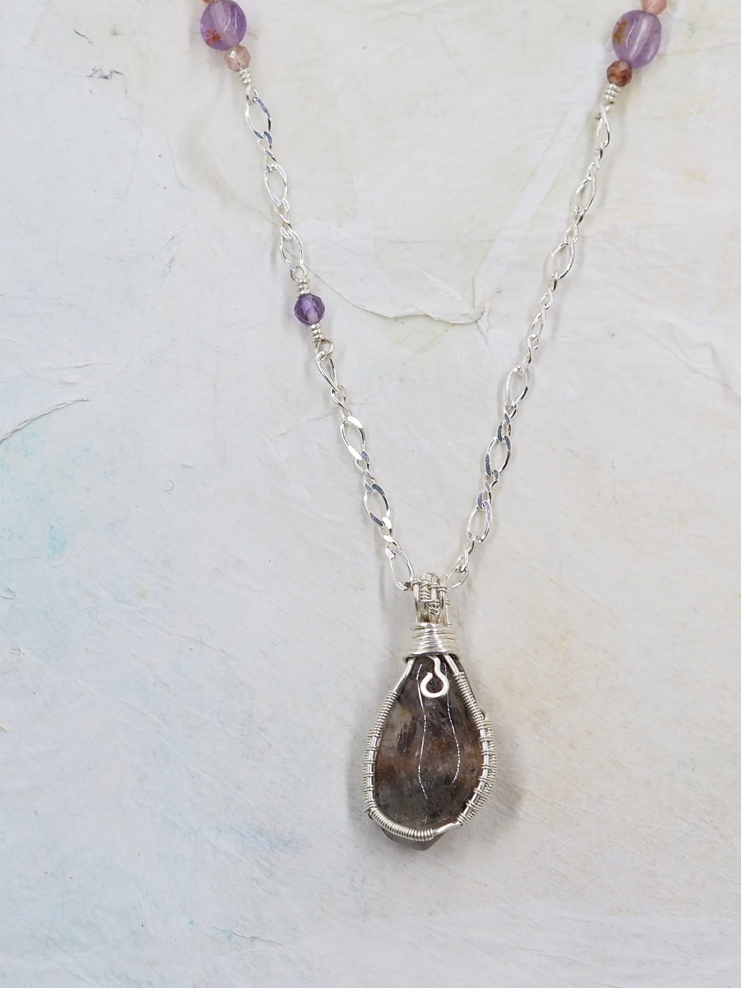 One-of-a-kind Cacoxenite Pendant on Sterling Silver Diamond cut Curb Chain with Amethyst & Strawberry Quartz