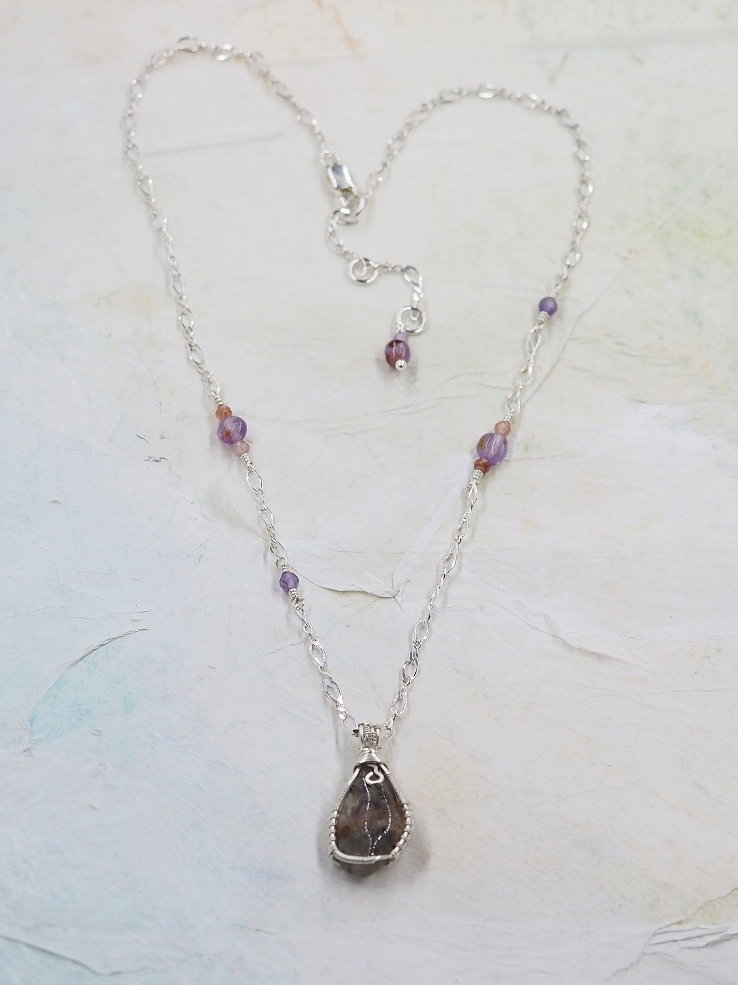 One-of-a-kind Cacoxenite Pendant on Sterling Silver Diamond cut Curb Chain with Amethyst & Strawberry Quartz