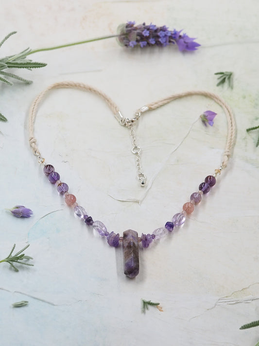 Amethyst, Cacoxenite & Strawberry Quartz OOAK Pendant Necklace