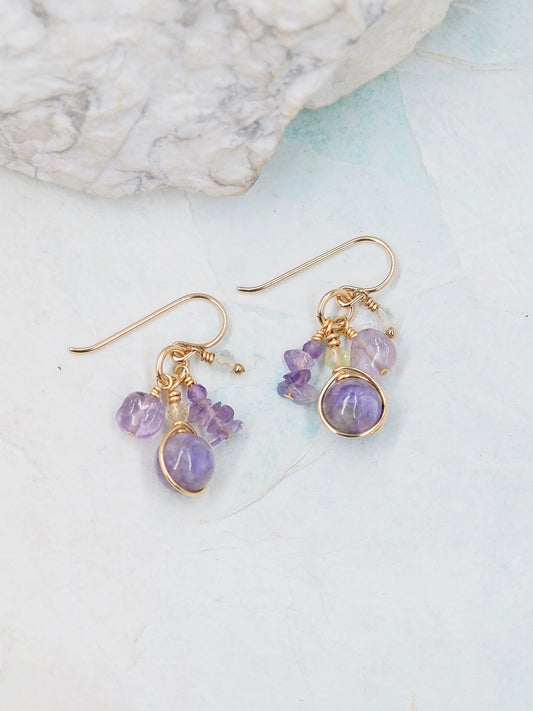 Charoite, Amethyst, Cacoxenite & Fluorite Gold Filled Cluster Earrings