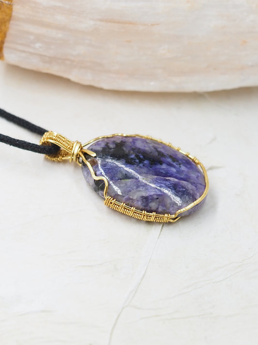 OOAK Charoite & Brass Hand Wrapped Pendant