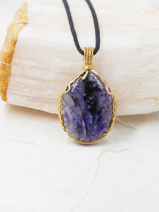 OOAK Charoite & Brass Hand Wrapped Pendant