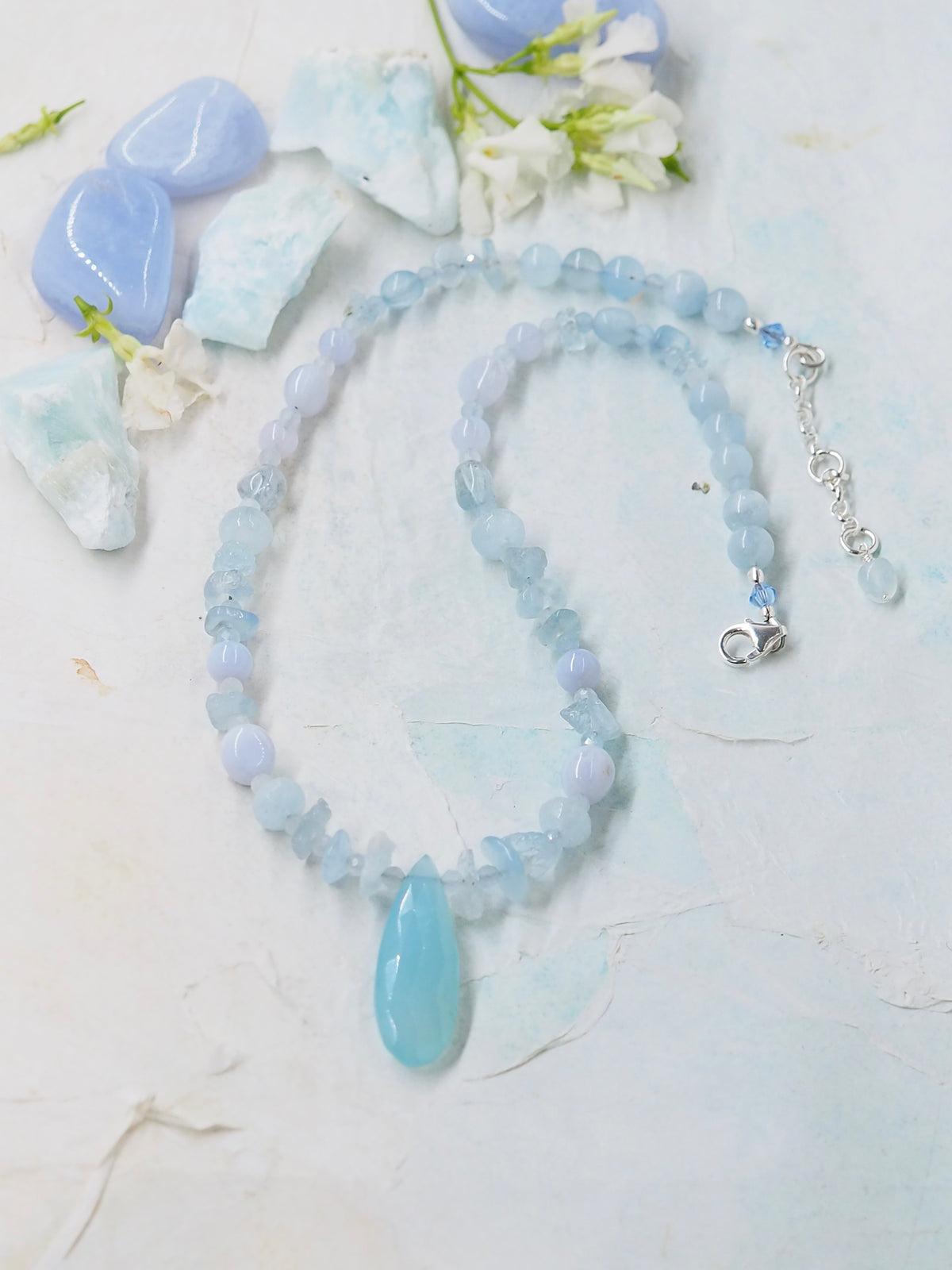 Blue Chalcedony, Aquamarine & Blue Lace Agate Pendant Necklace