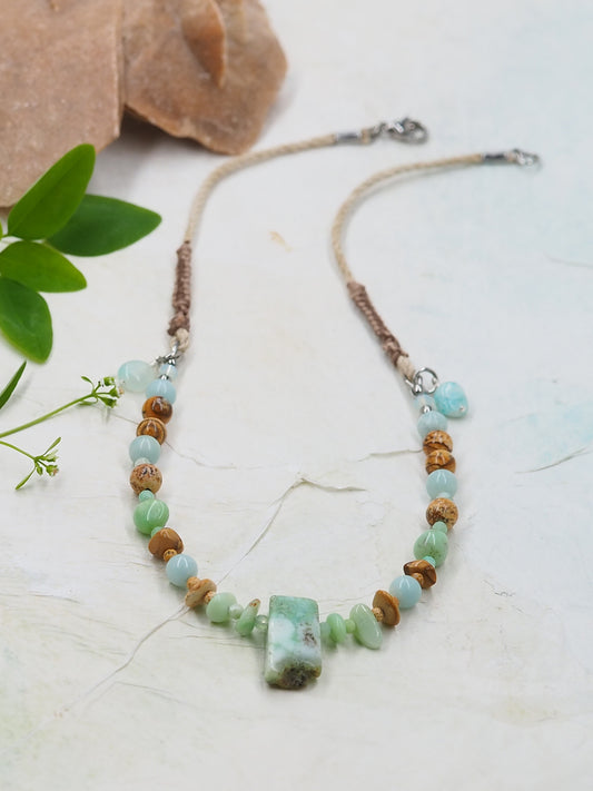 Chrysoprase, Amazonite & Picture Jasper Pendant Necklace on Hemp