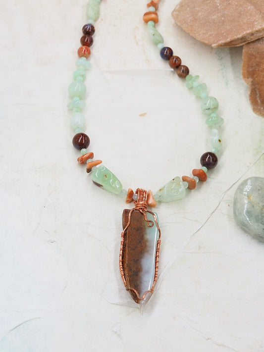 Australian Chrysoprase & Copper Pendant Necklace with Orange Sodalite & Red Agate