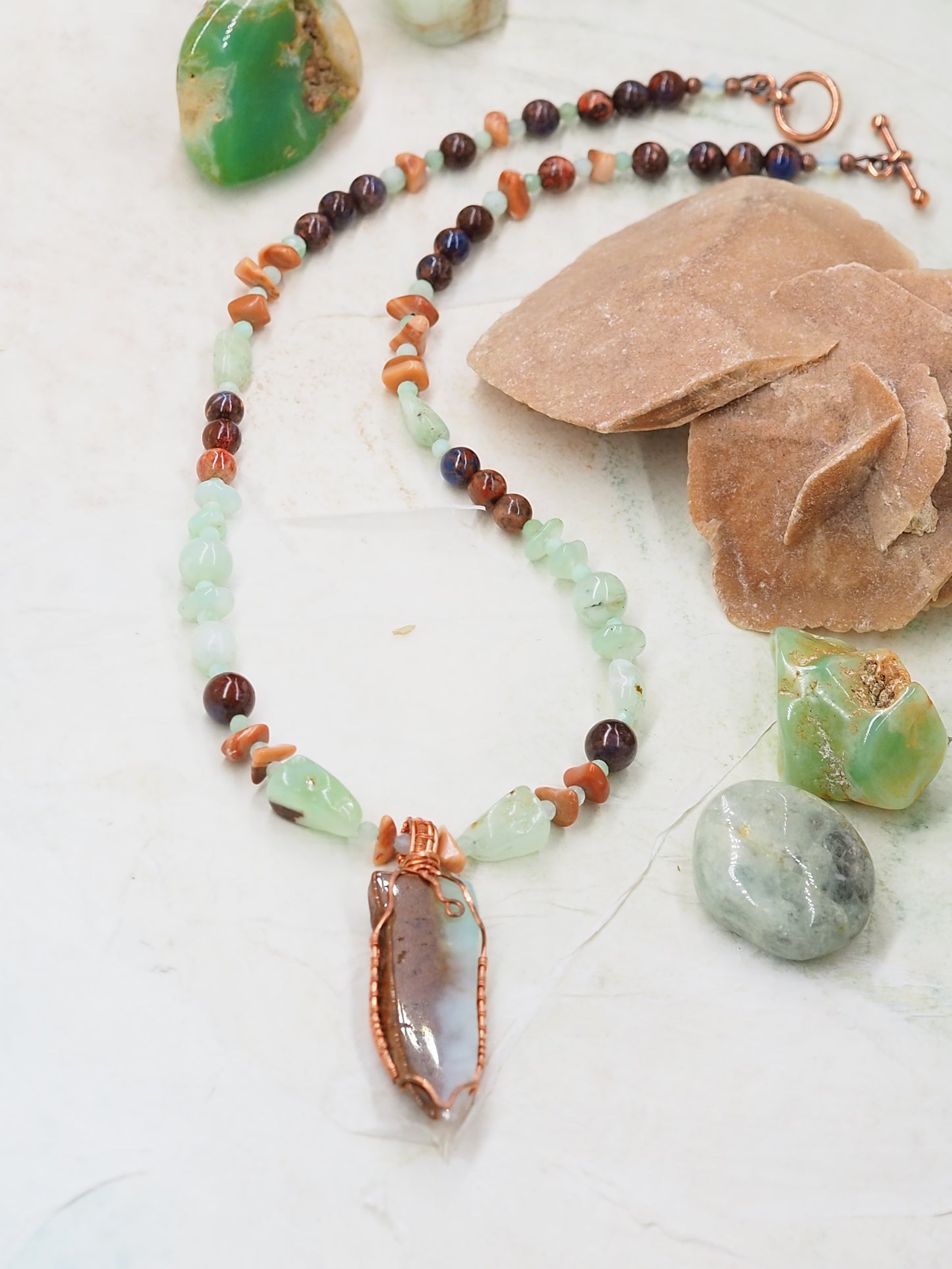 Australian Chrysoprase & Copper Pendant Necklace with Orange Sodalite & Red Agate
