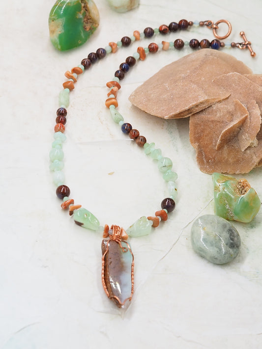 Australian Chrysoprase & Copper Pendant Necklace with Orange Sodalite & Red Agate