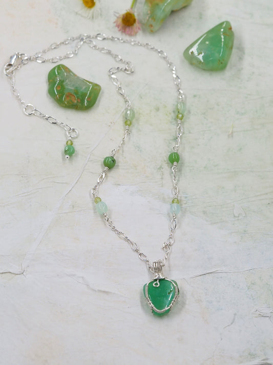 One-of-a-kind Australian Chrysoprase and Sterling Silver Pendant Necklace with Peridot accents