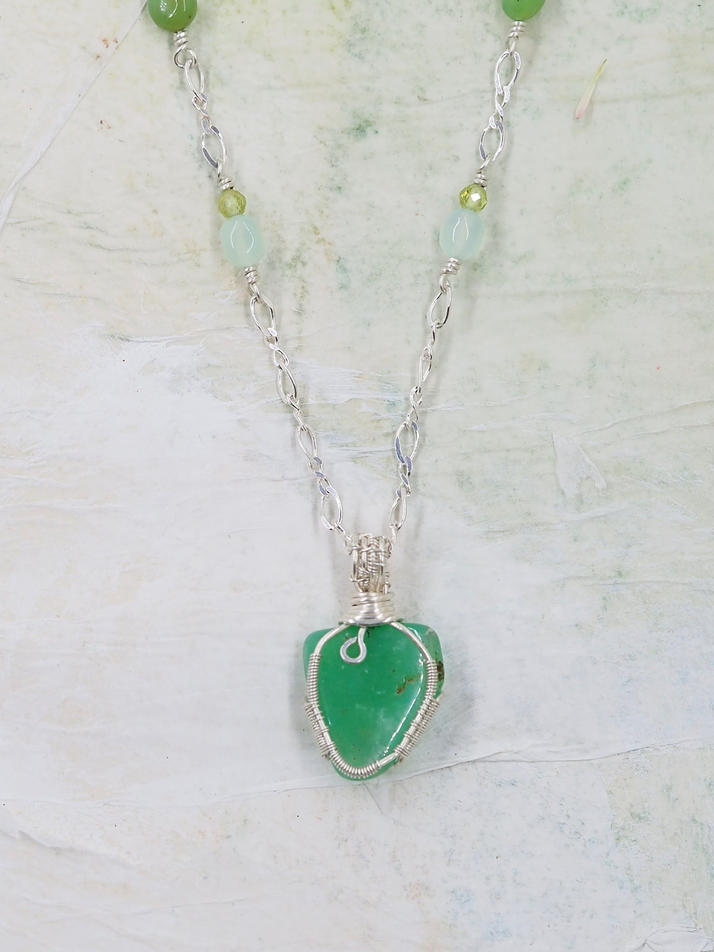 One-of-a-kind Australian Chrysoprase and Sterling Silver Pendant Necklace with Peridot accents