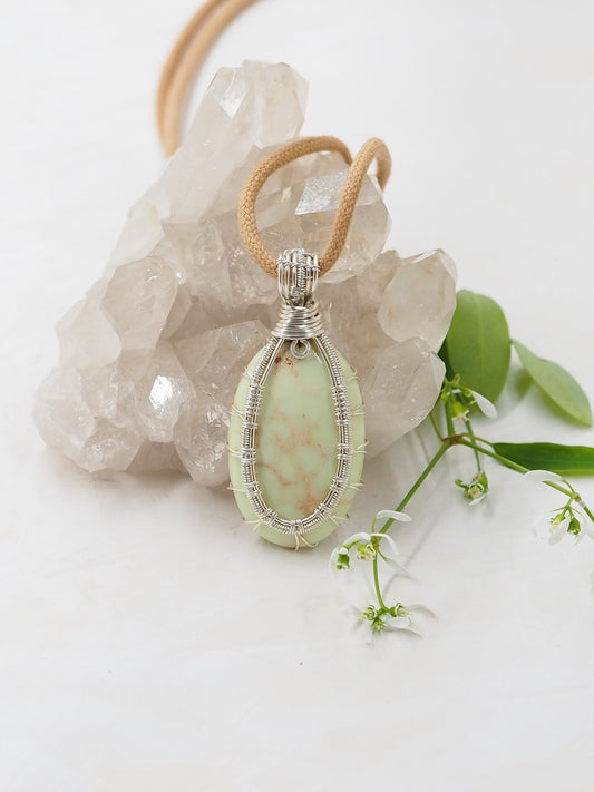 Citron Chrysoprase Pendant with Sterling Silver Hand Wrapped Frame