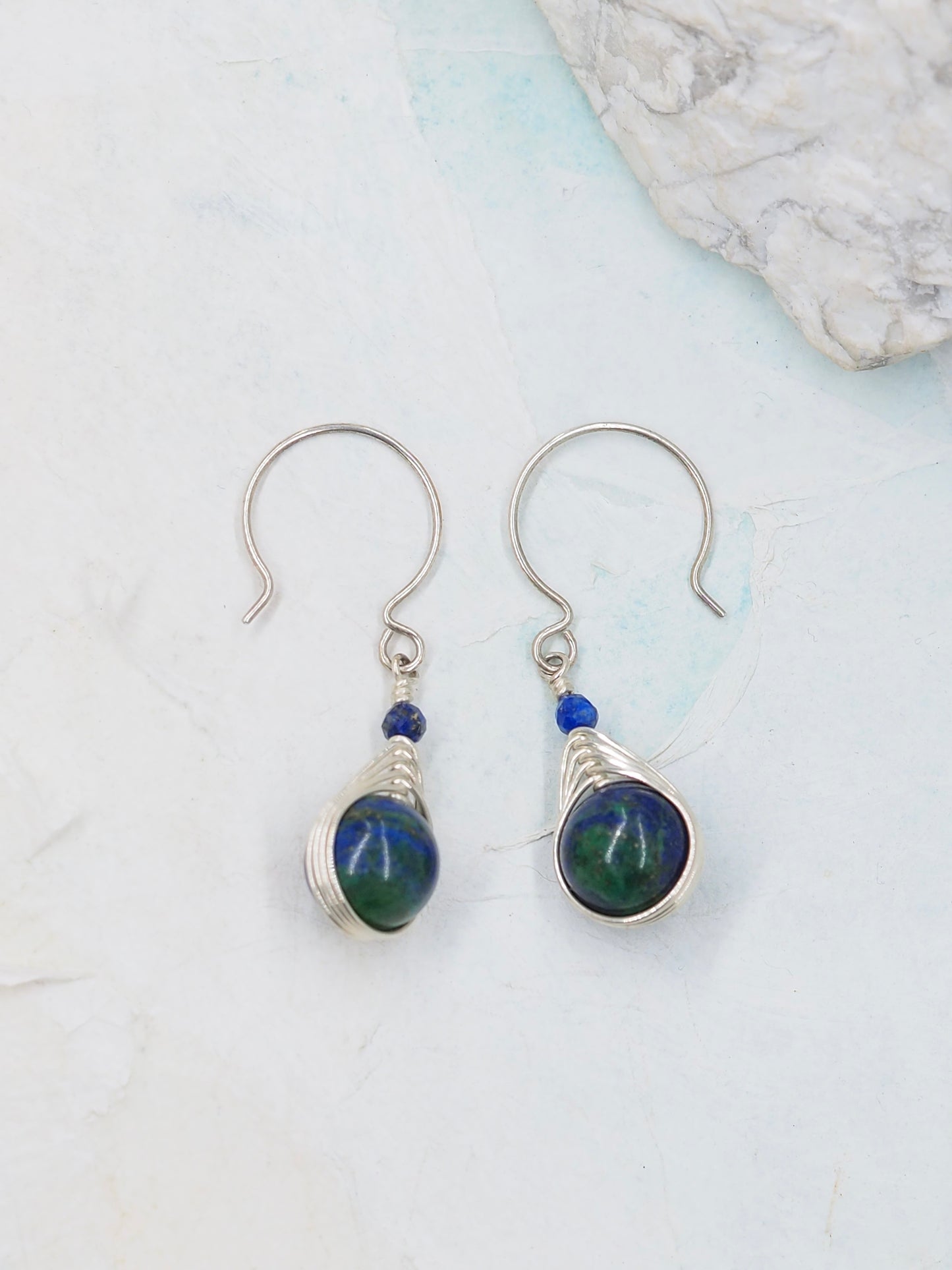 Hand Wire Wrapped Chrysocolla & Lapis Lazuli Earrings with Australian Sterling Silver
