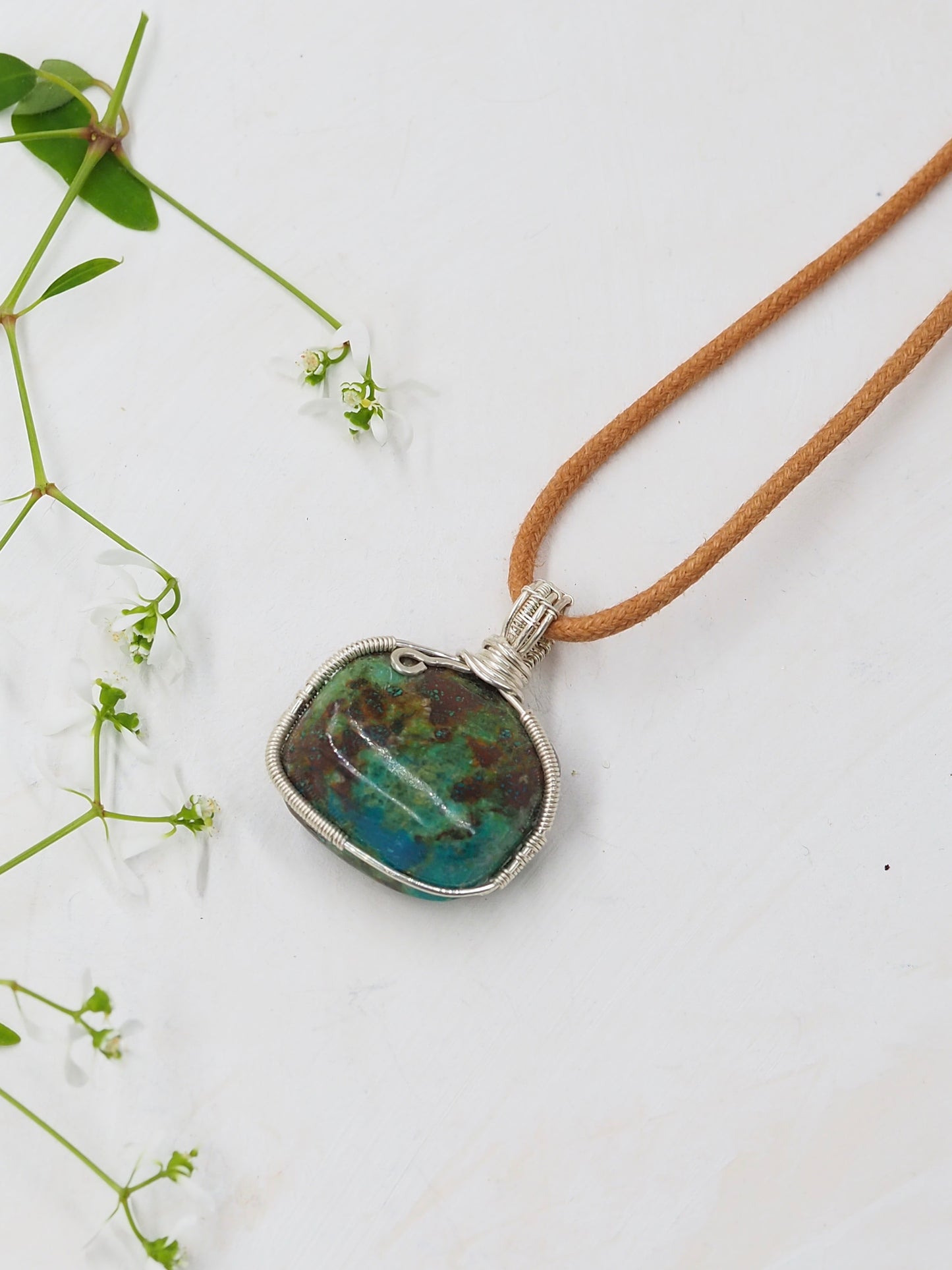 Chrysocolla and Sterling Silver Hand Wrapped Pendant