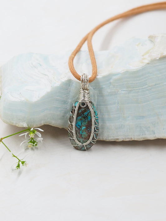 Chrysocolla and Sterling Silver Hand Wrapped Pendant