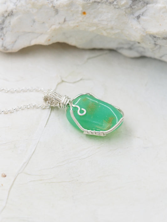 OOAK Australian Chrysoprase & Sterling Silver Petite Hand wrapped Pendant