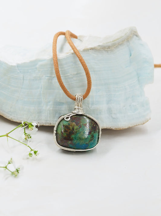 Chrysocolla and Sterling Silver Hand Wrapped Pendant