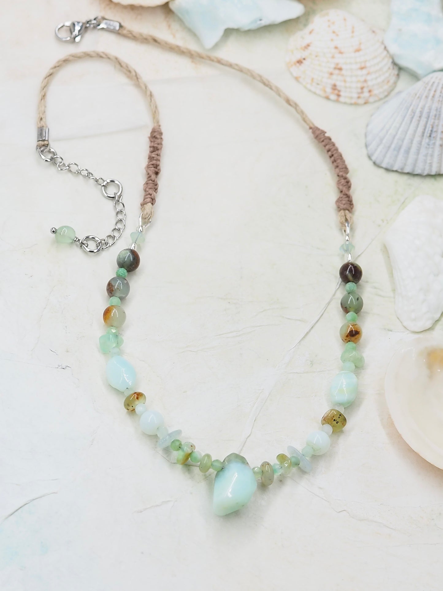 Chrysoprase, Peruvian Blue Opal & Rainbow Moonstone OOAK Pendant Necklace