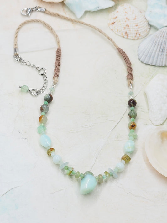 Chrysoprase, Peruvian Blue Opal & Rainbow Moonstone OOAK Pendant Necklace