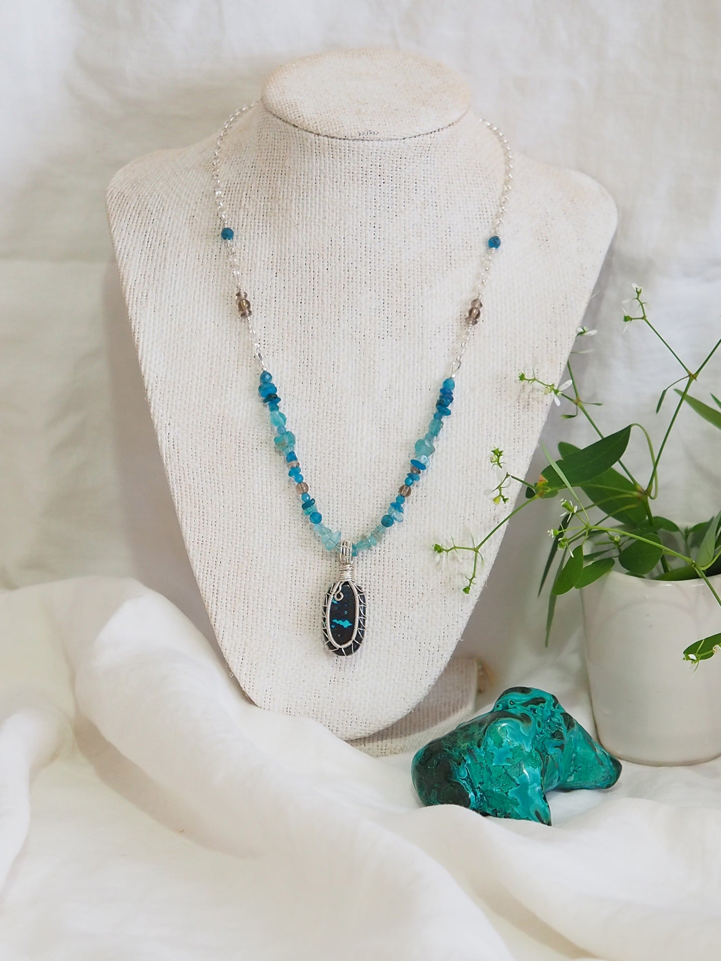 Hand Wrapped Chrysocolla, Apatite and Smoky Quartz Pendant Necklace