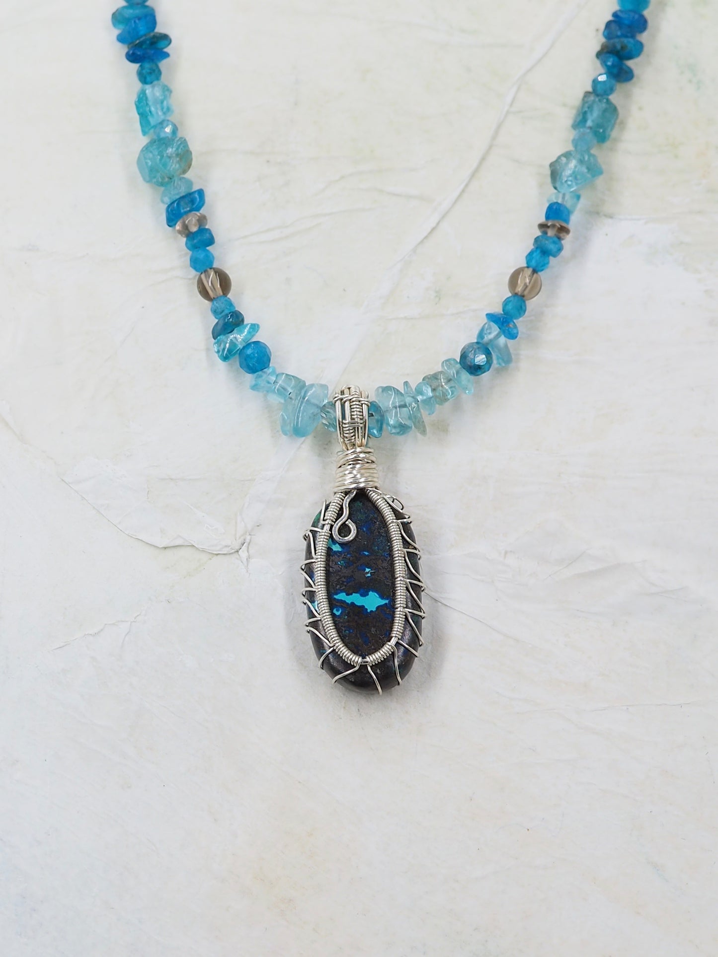 Hand Wrapped Chrysocolla, Apatite and Smoky Quartz Pendant Necklace