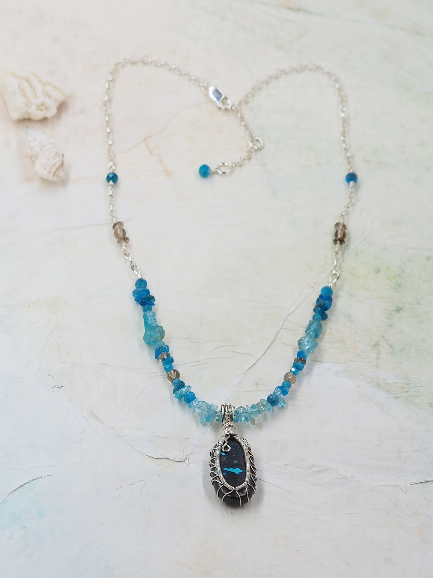 Hand Wrapped Chrysocolla, Apatite and Smoky Quartz Pendant Necklace