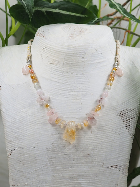 Citrine Pendant Necklace with Super 7 Lepidocrocite in Quartz, Morganite & Strawberry Quartz