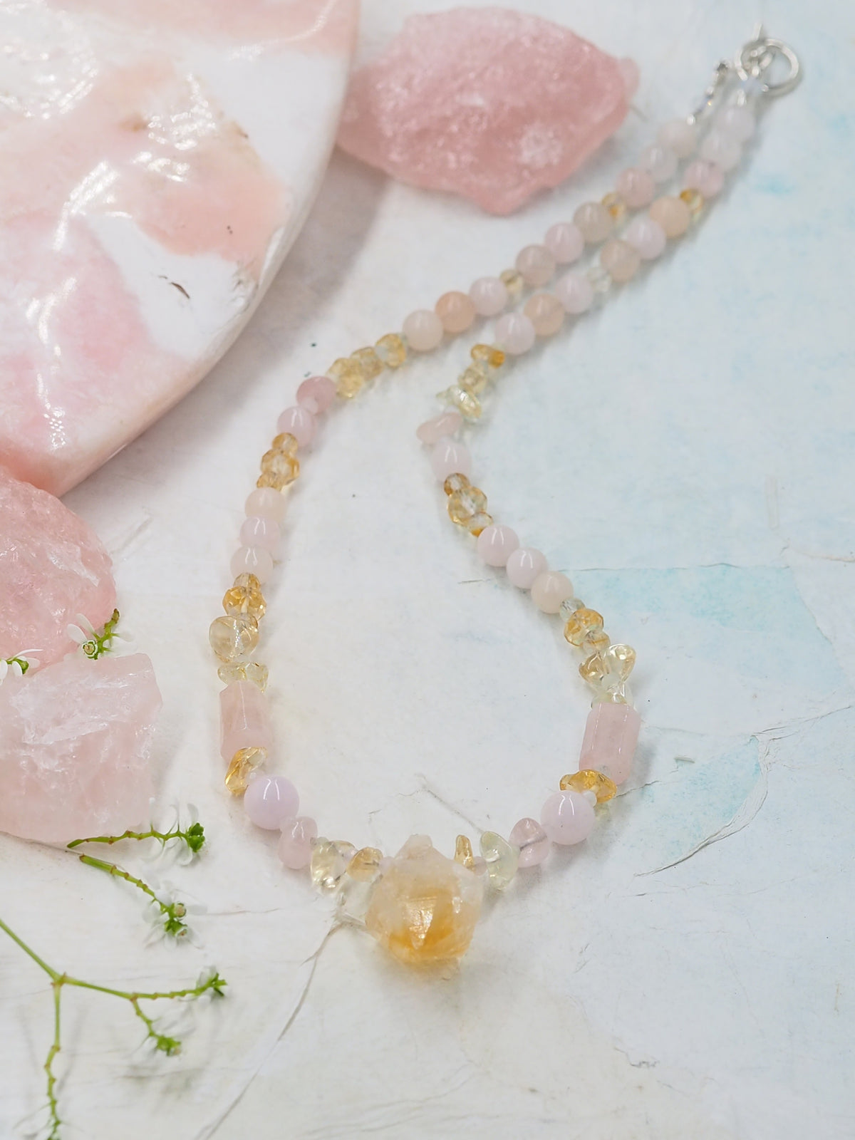 One-of-a-Kind Citrine, Morganite & Beryl Necklace with Rough Cut Nugget