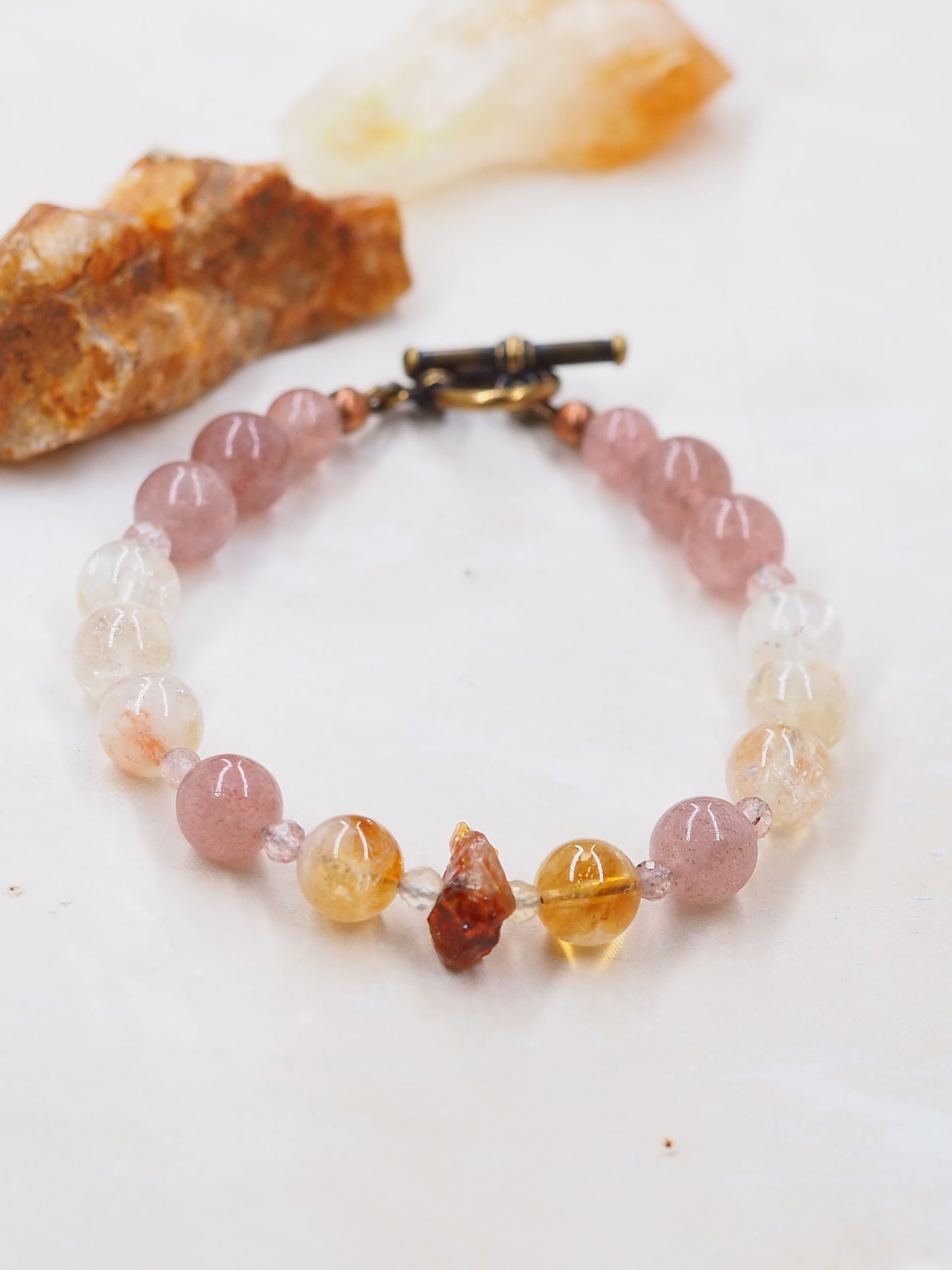 Citrine and Strawberry Quartz Bracelet with Rough Cut Nugget
