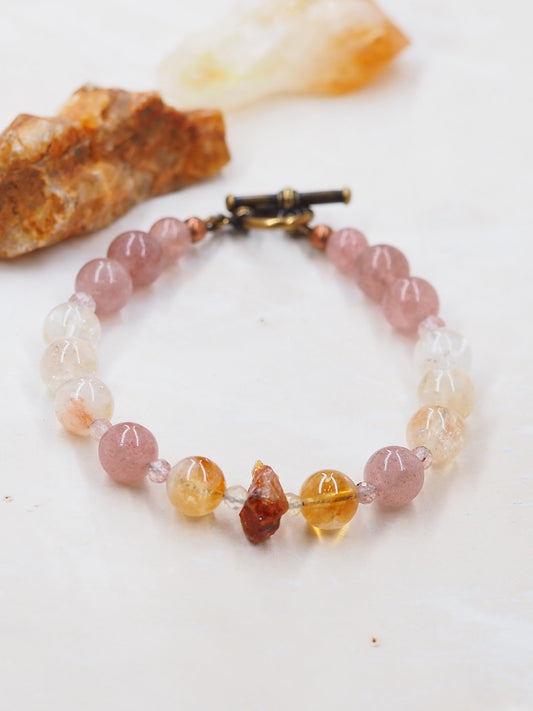 Citrine and Strawberry Quartz Bracelet with Rough Cut Nugget