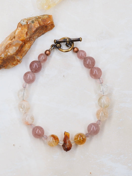 Citrine and Strawberry Quartz Bracelet with Rough Cut Nugget