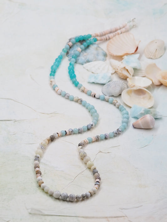 One-of-a-Kind Amazonite, Dendritic Opal & Luhanos Shell Heishe Long Necklace