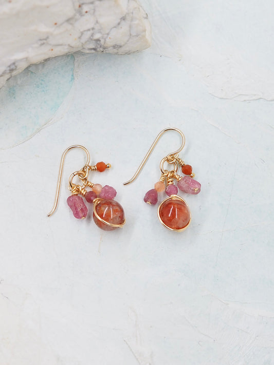 Hematoid Fire Quartz & Pink Tourmaline Gold Filled Cluster Earrings