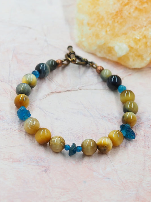 Golden-Blue Tiger Eye & Blue Apatite Beaded Bracelet