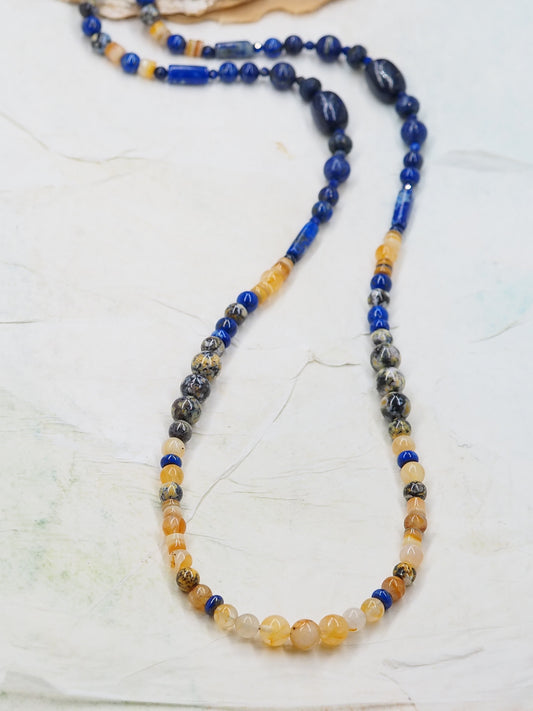 Lapis Lazuli & Golden Healer Quartz Crystal OOAK Long Necklace with Ocean-Blue Agate & Yellow Lip