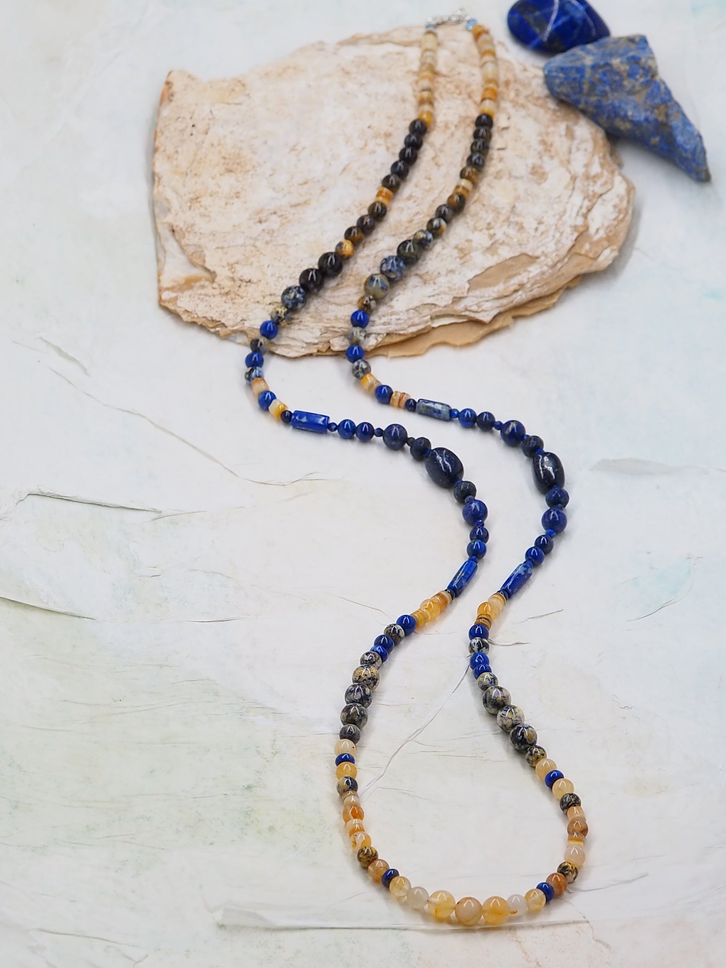 Lapis Lazuli & Golden Healer Quartz Crystal OOAK Long Necklace with Ocean-Blue Agate & Yellow Lip