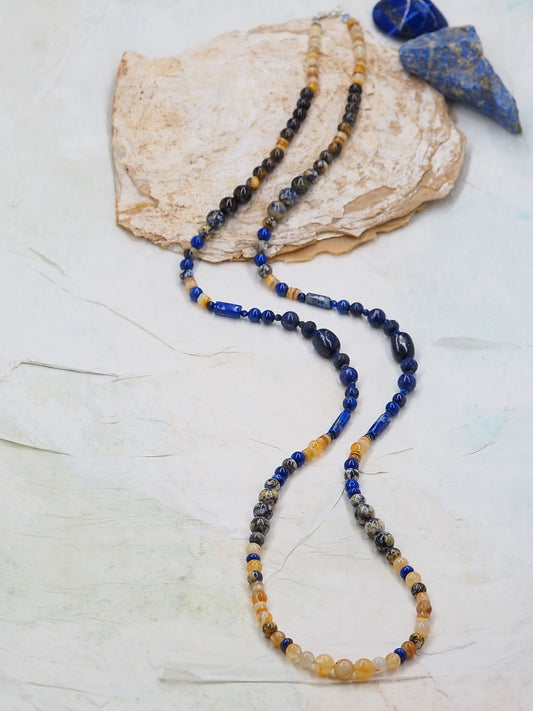 Lapis Lazuli & Golden Healer Quartz Crystal OOAK Long Necklace with Ocean-Blue Agate & Yellow Lip