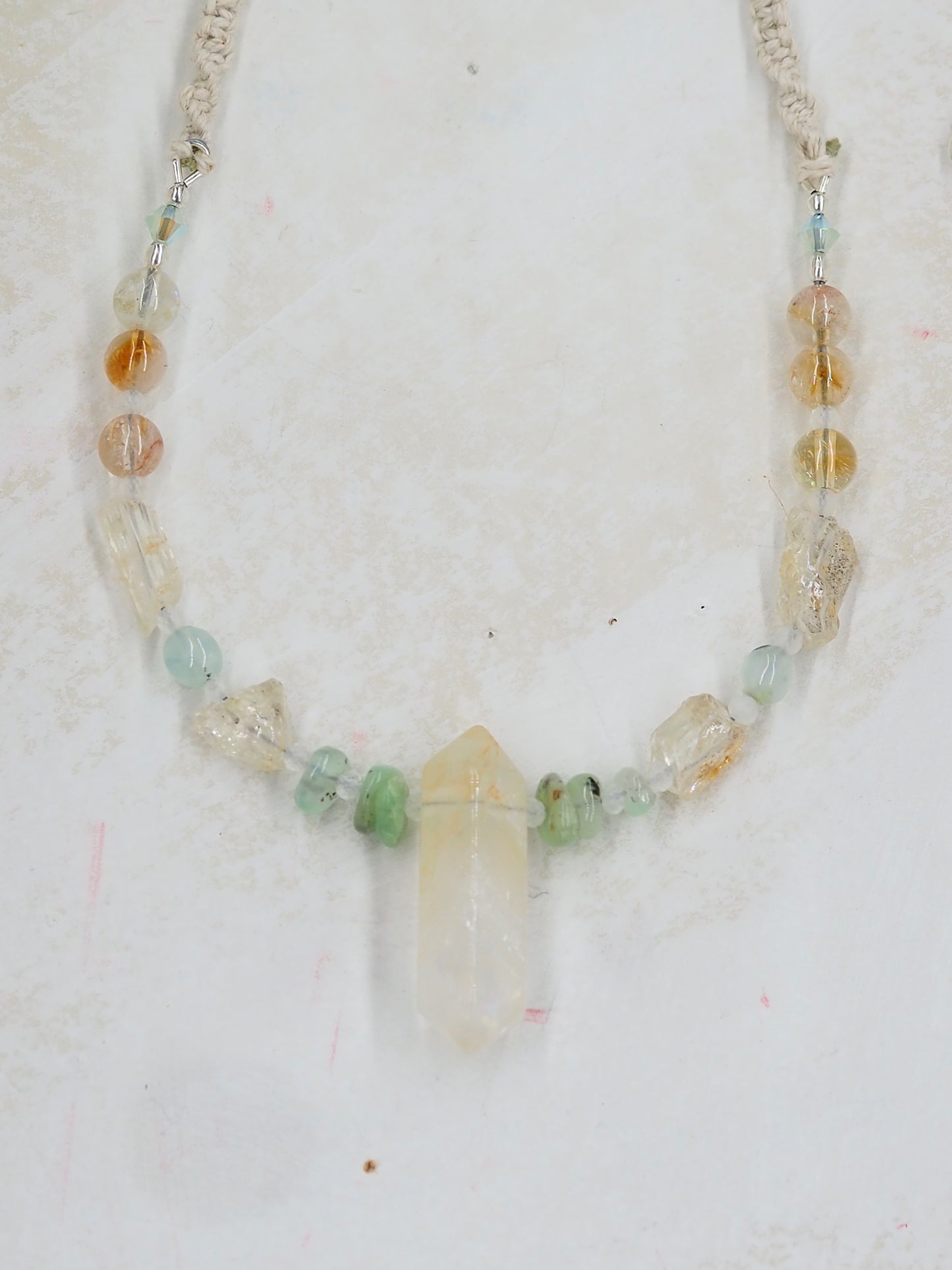 Golden Healer Quartz Crystal Pendant Necklace with Golden Topaz, Australian Chrysoprase, Citrine & Prehnite