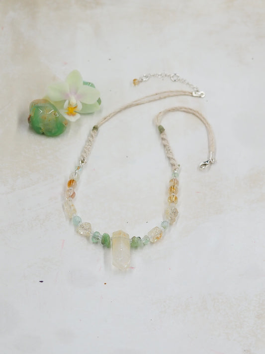 Golden Healer Quartz Crystal Pendant Necklace with Golden Topaz, Australian Chrysoprase, Citrine & Prehnite