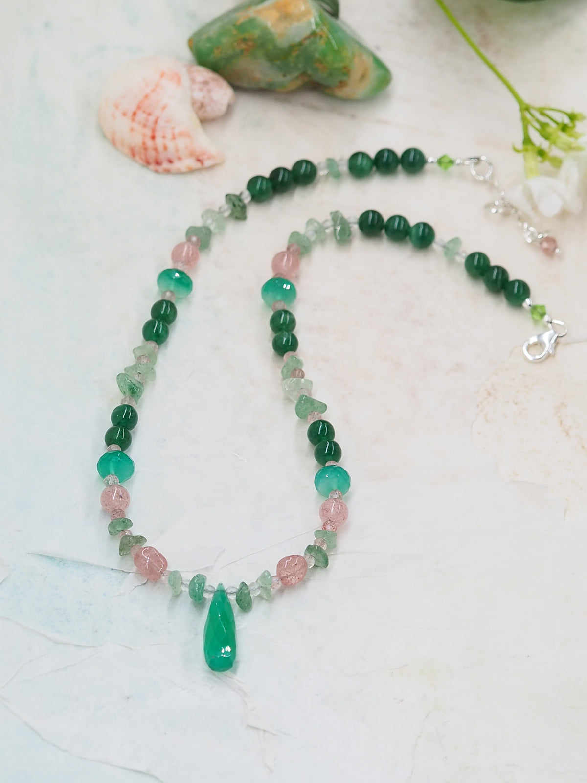 Green Onyx, Strawberry Quartz, Peridot and Fuschite Pendant Necklace
