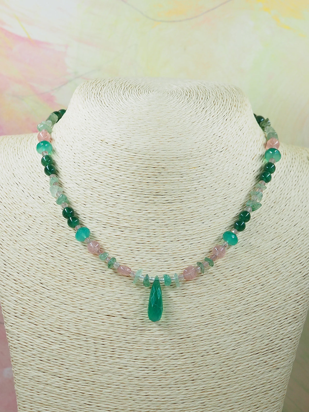 Green Onyx, Strawberry Quartz, Peridot and Fuschite Pendant Necklace