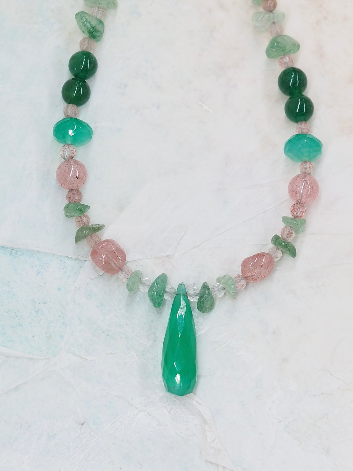 Green Onyx, Strawberry Quartz, Peridot and Fuschite Pendant Necklace
